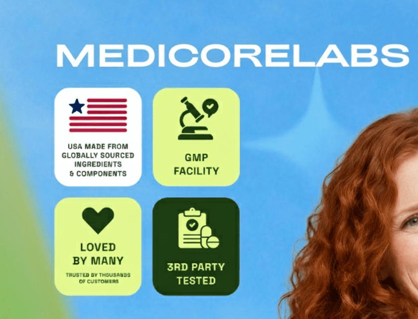 Medicorelabs branding with icons and text on a blue background