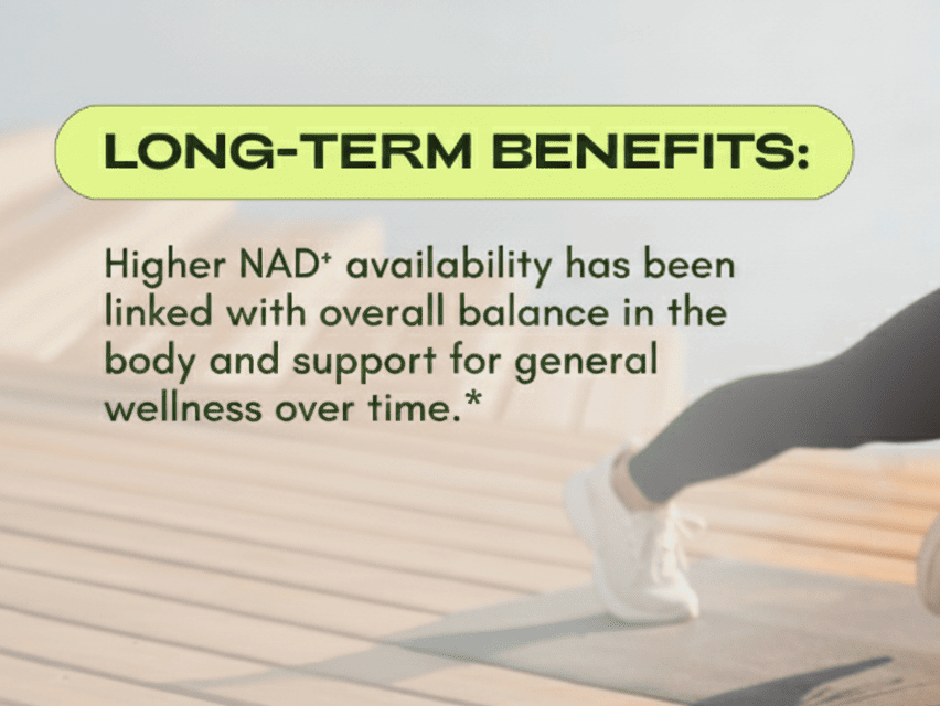 Woman in athletic wear stretching outdoors with text about long-term benefits of higher NAD availability.